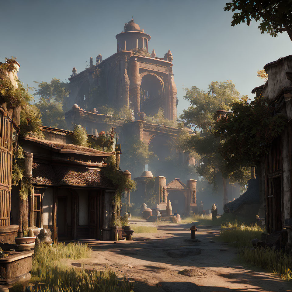 Ancient temple ruins in lush overgrowth under clear sky