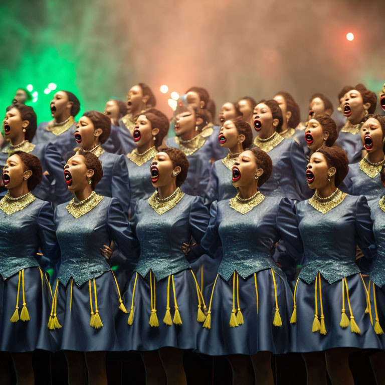 Passionate choir in blue uniforms with gold tassels under dramatic lighting