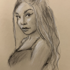 Monochromatic charcoal sketch of contemplative woman with flowing hair