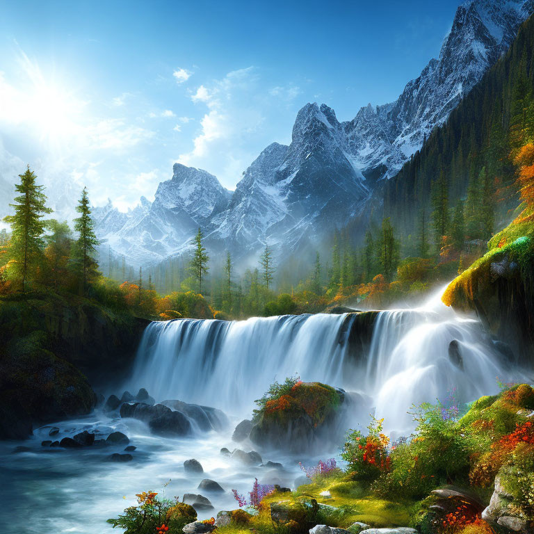 Scenic waterfall in vibrant autumn forest with snow-capped mountains and sun