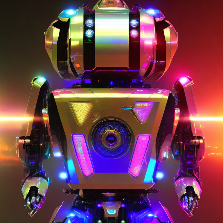 Colorful illuminated futuristic robot with chest speaker on red and yellow backdrop.