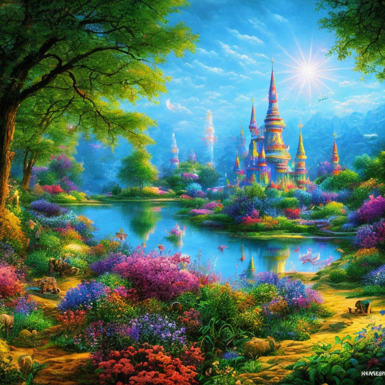 Colorful Fantasy Landscape with River, Flowers, Greenery & Castles