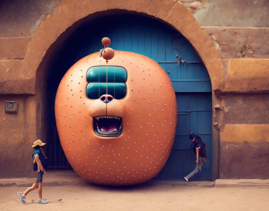 Whimsical giant orange creature with windows for eyes and a door for a mouth blocking an arched