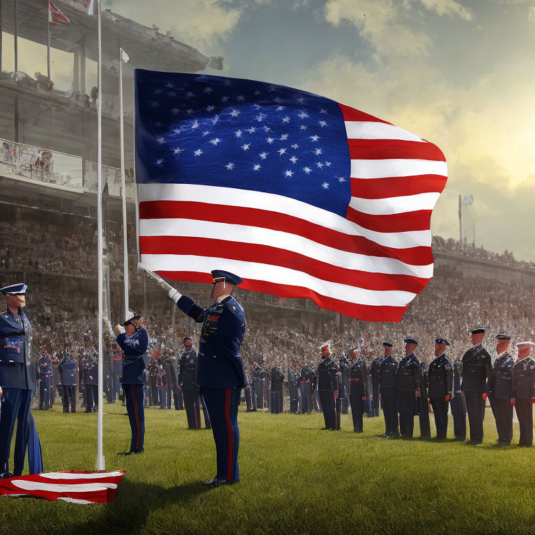 Ceremonial Military Event: Uniformed Personnel Saluting American Flag