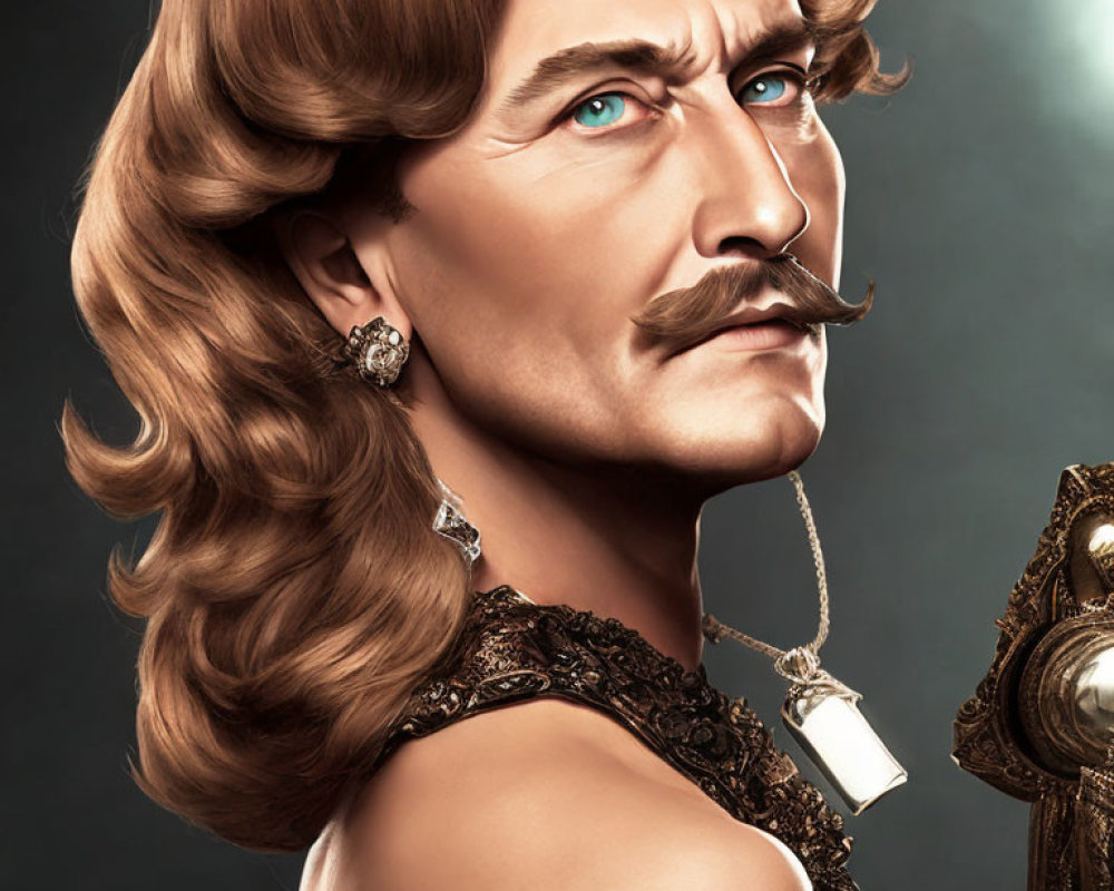 Portrait of a person with stylized mustache, blue eyes, and vintage attire