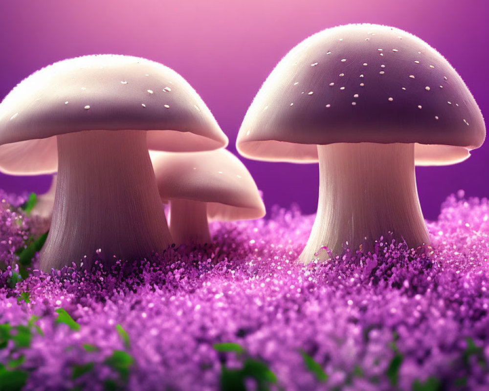 White Mushrooms Surrounded by Purple Flowers on Softly Lit Background