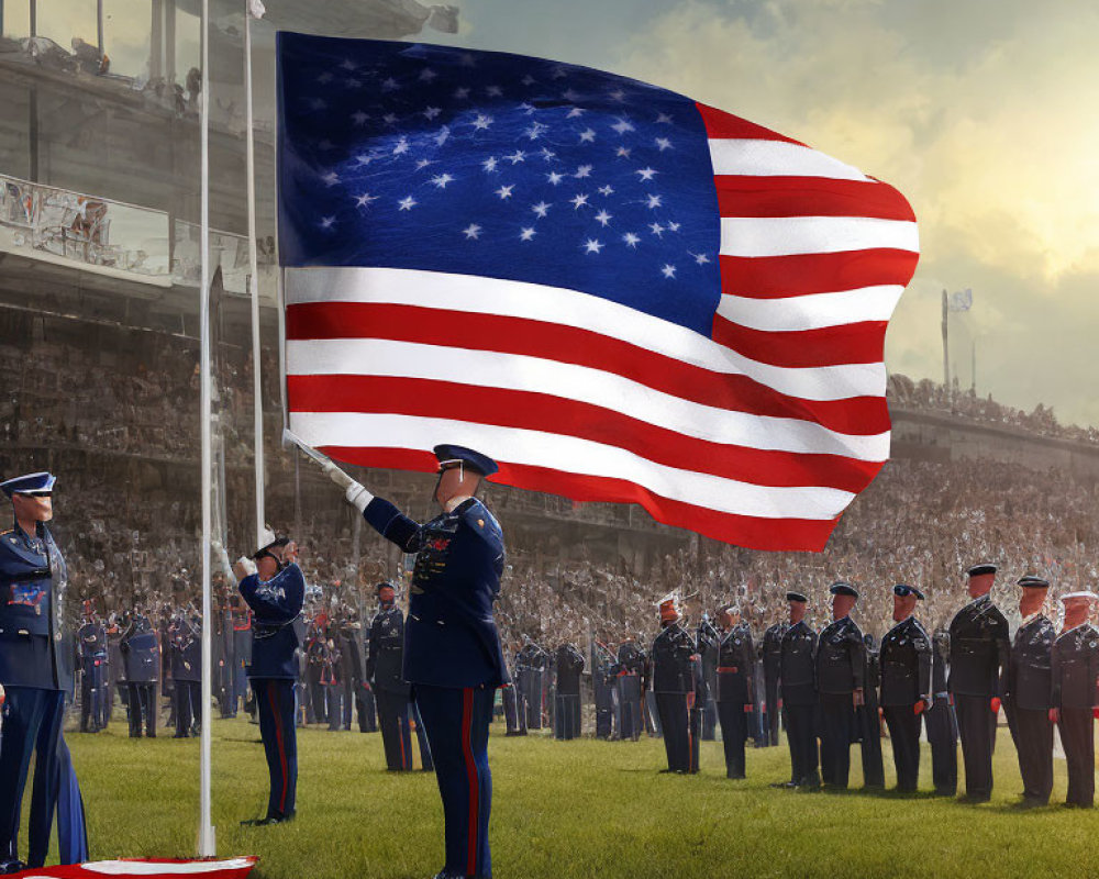 Ceremonial Military Event: Uniformed Personnel Saluting American Flag