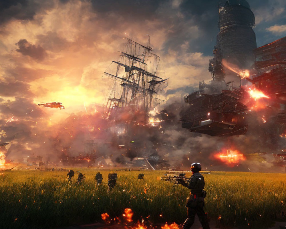 Futuristic battle scene with towering ships, explosions, and fiery landscape