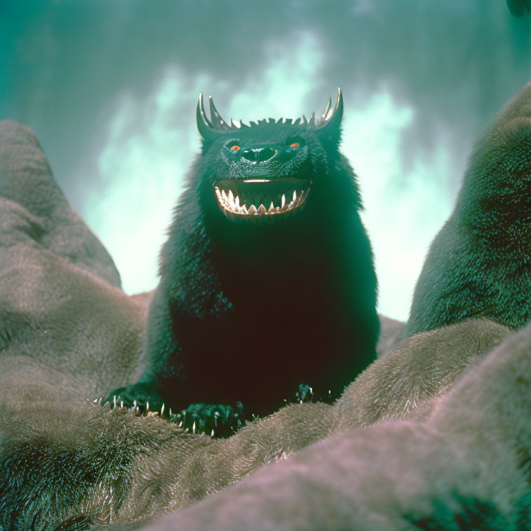 Black Creature with Sharp Teeth, Red Eyes, and Horns Emerging from Foggy Terrain