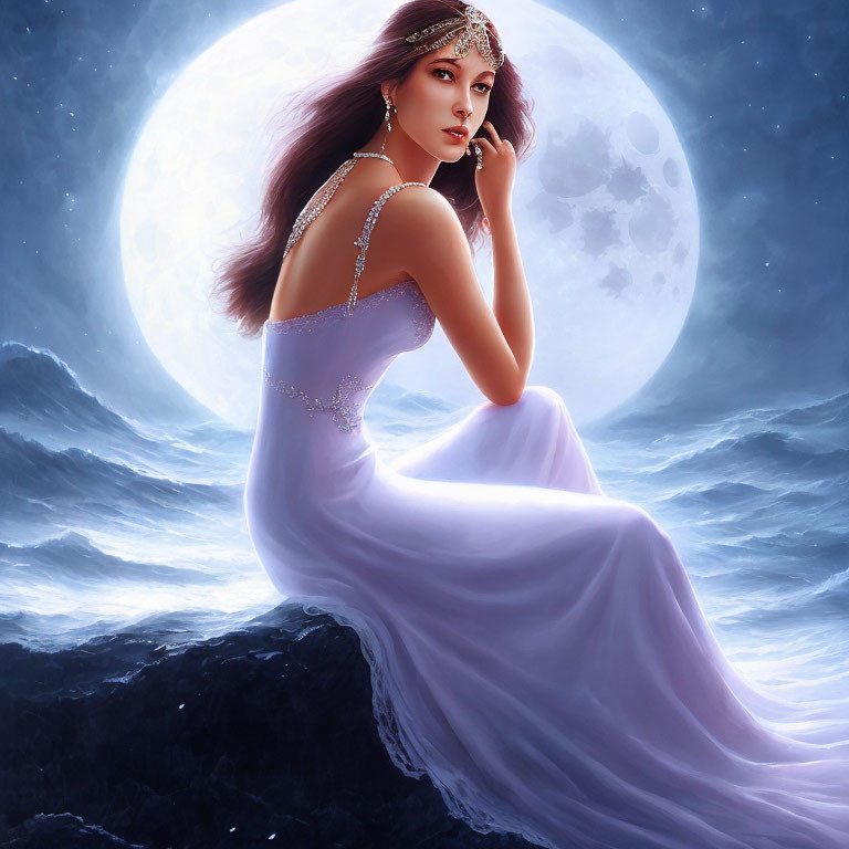 Ethereal woman in lilac gown under full moon on rocky shore