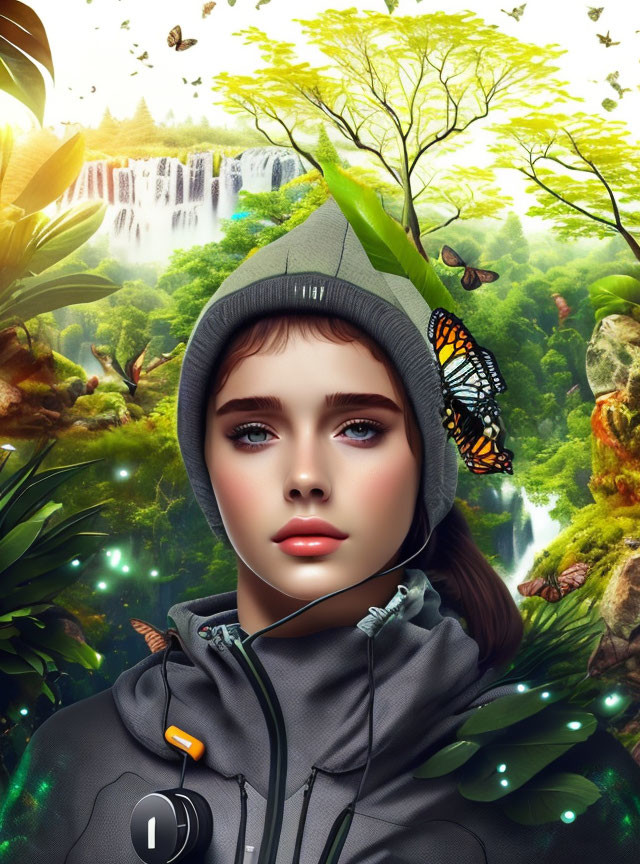 Digital artwork featuring woman with nature elements: foliage, waterfalls, butterfly.