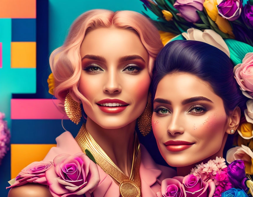 Two women with stylized makeup and hair against colorful background with vibrant flowers and elegant jewelry.