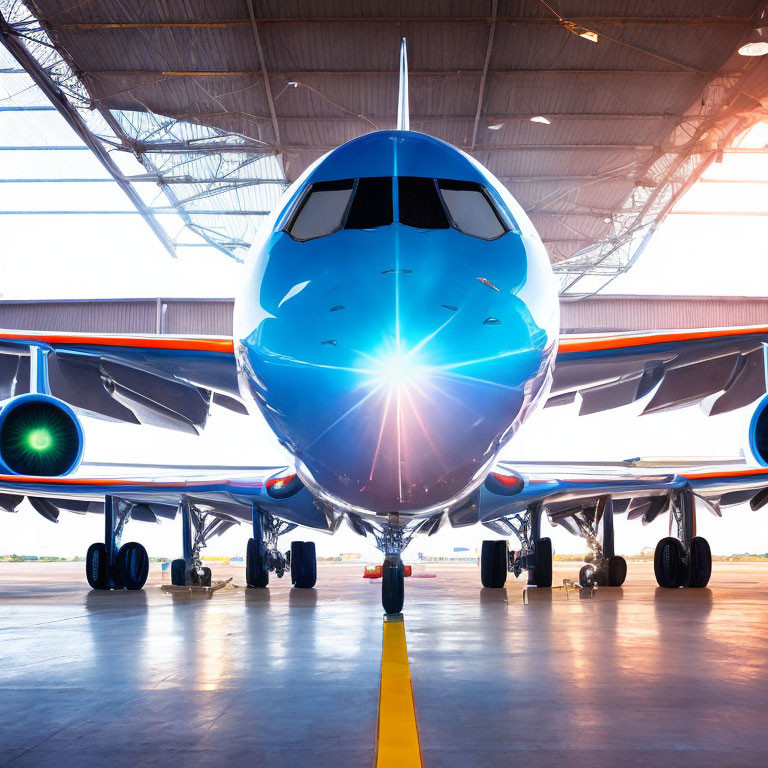 Airplane in Hangar at Sunrise with Sun Glare on Fuselage