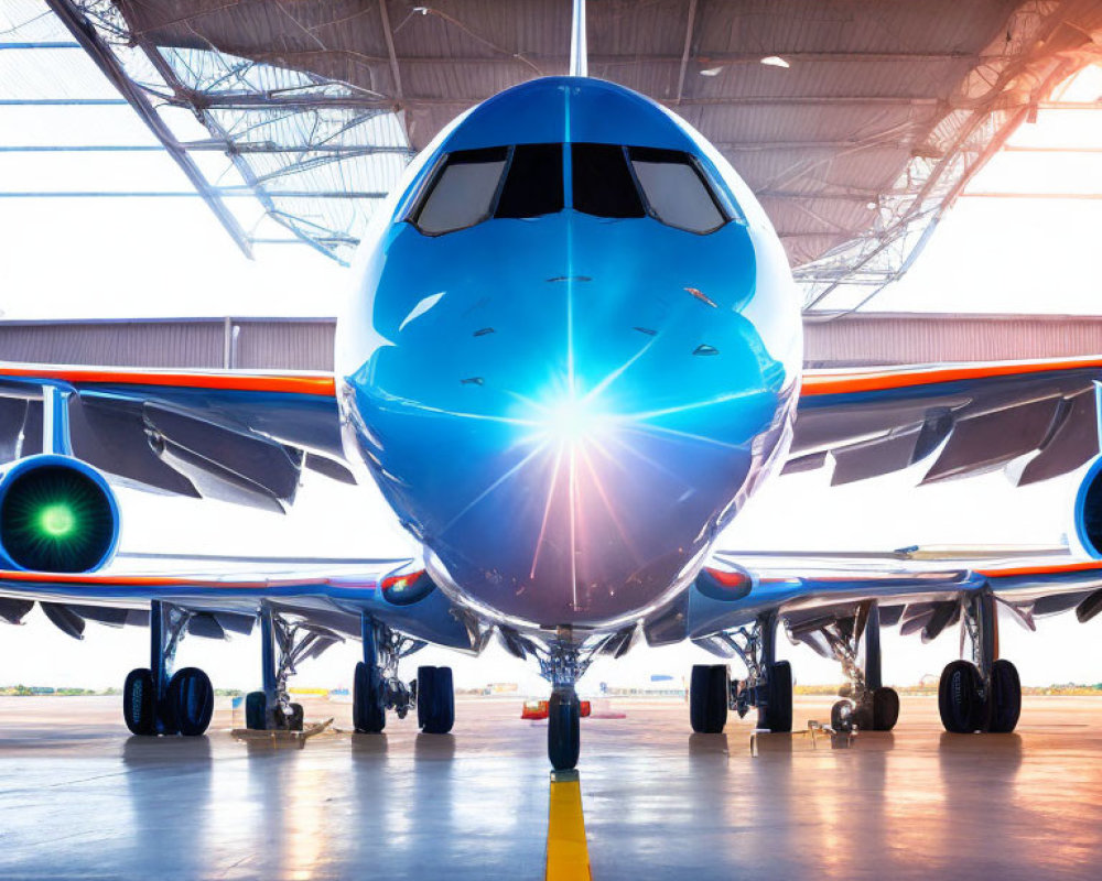 Airplane in Hangar at Sunrise with Sun Glare on Fuselage