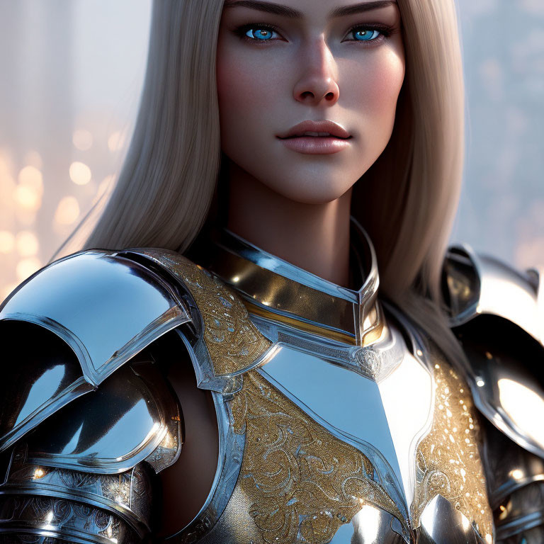 Female character in ornate silver armor with gold details and blue eyes on blurred background.