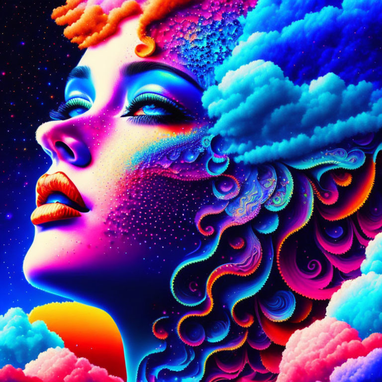 Colorful digital portrait of woman with cosmic patterns and clouds on starry backdrop