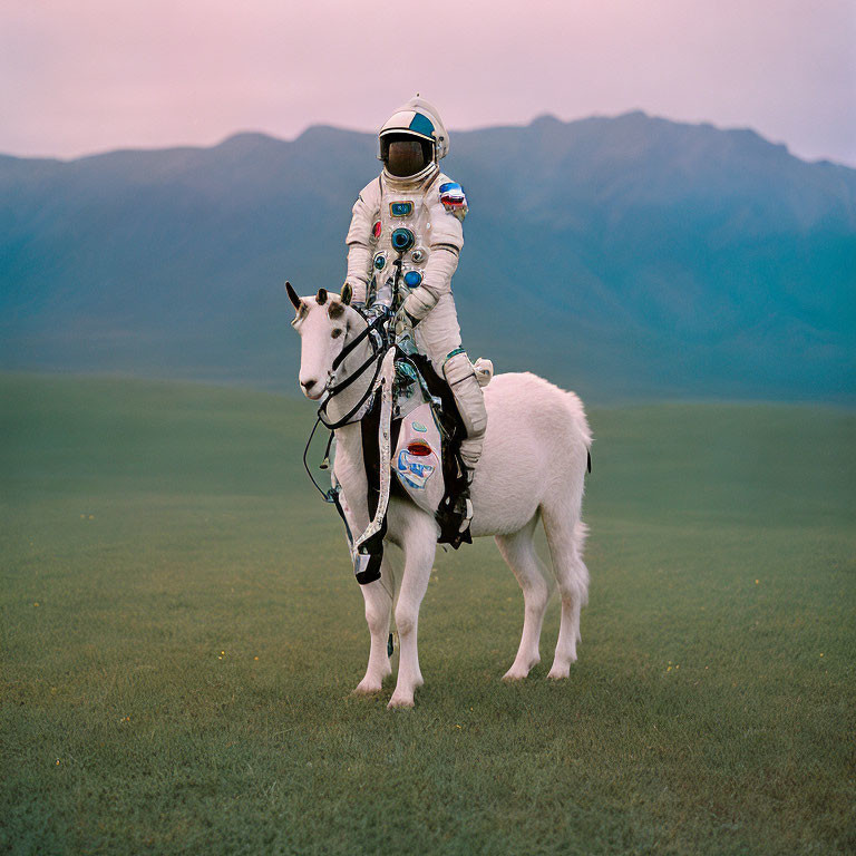 Astronaut in space suit on white horse with mountain backdrop