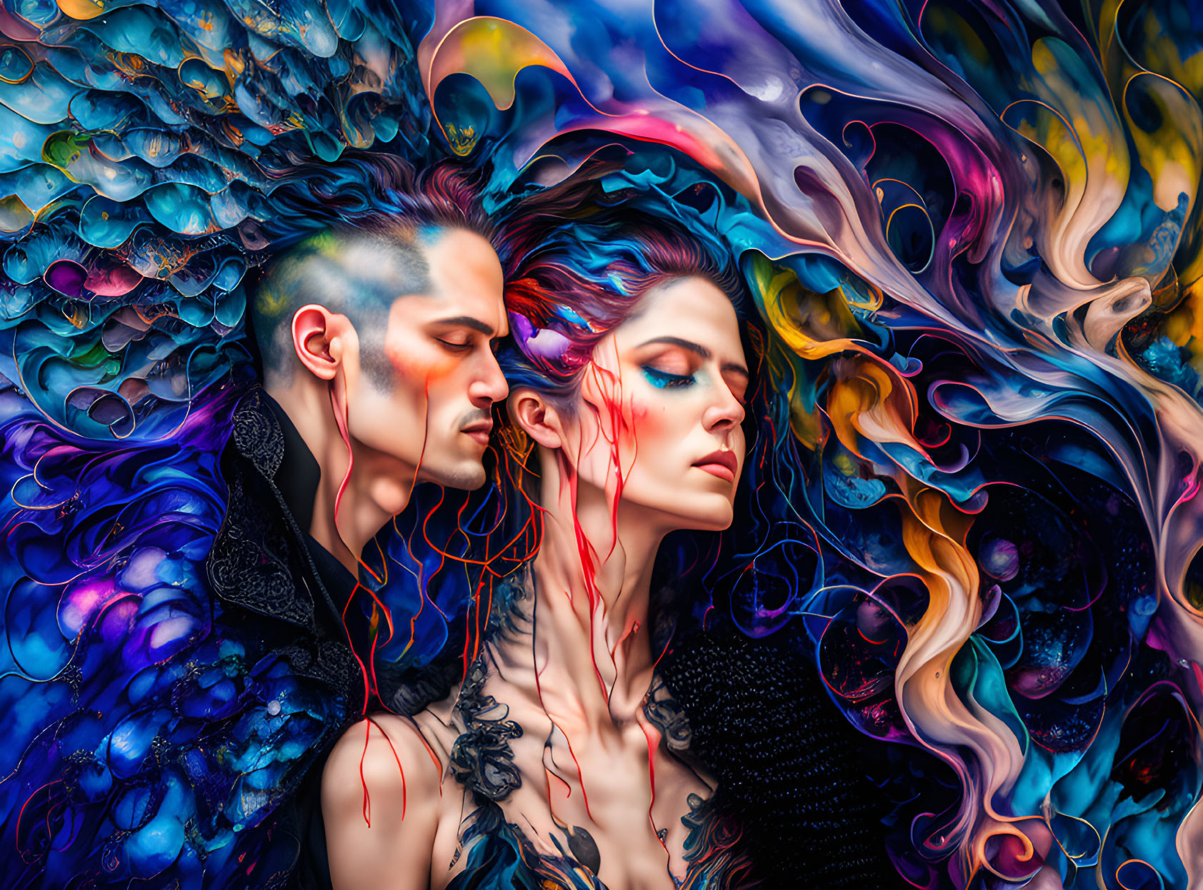 Colorful Abstract Art: Man and Woman with Vibrant Hair