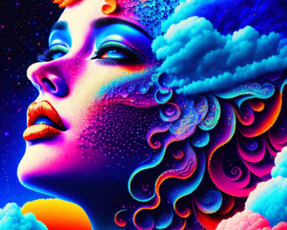 Colorful digital portrait of woman with cosmic patterns and clouds on starry backdrop