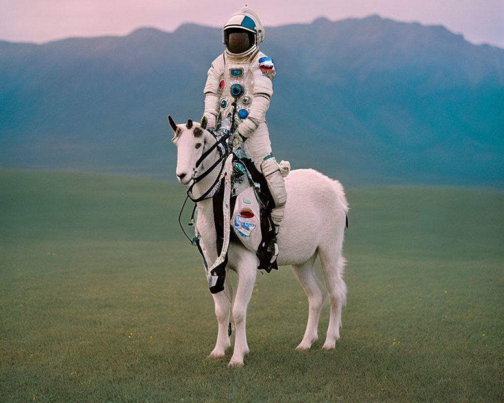 Astronaut in space suit on white horse with mountain backdrop