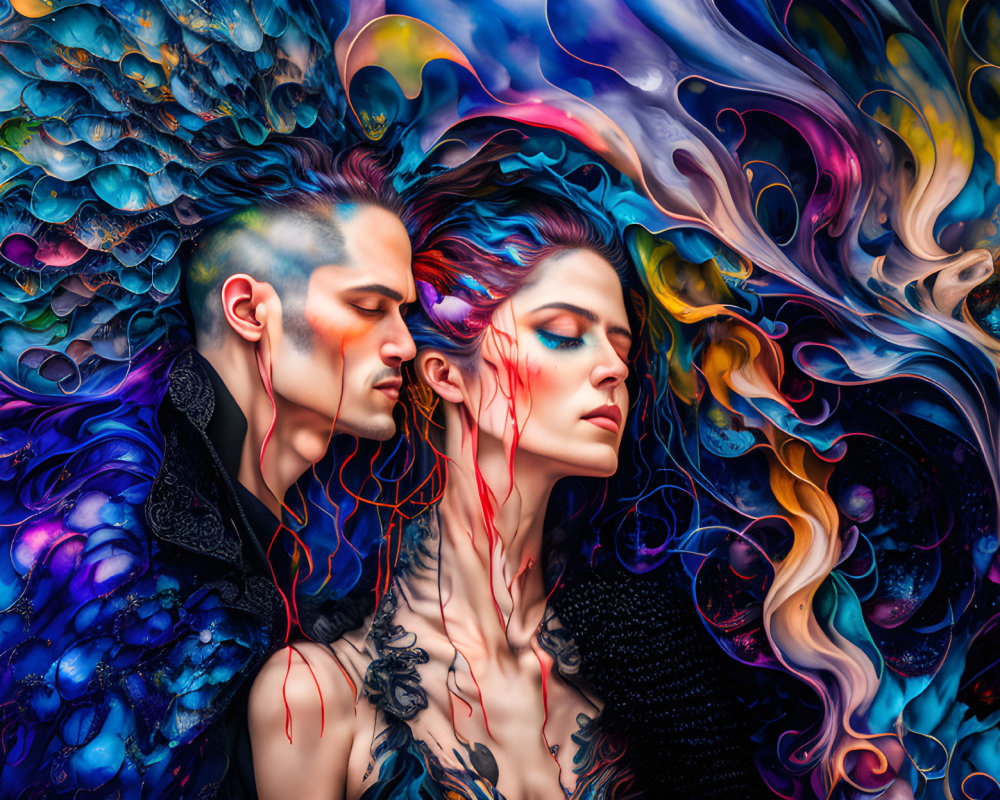 Colorful Abstract Art: Man and Woman with Vibrant Hair