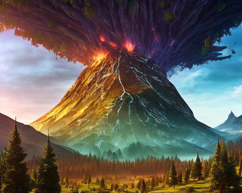 Fantastical landscape with inverted mountain, glowing lava rivers, and serene forest meadow.