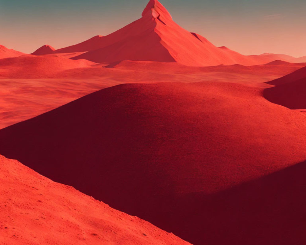 Surreal Red Martian Landscape with Dunes and Mountain