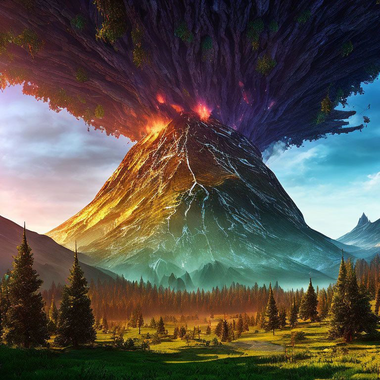 Fantastical landscape with inverted mountain, glowing lava rivers, and serene forest meadow.