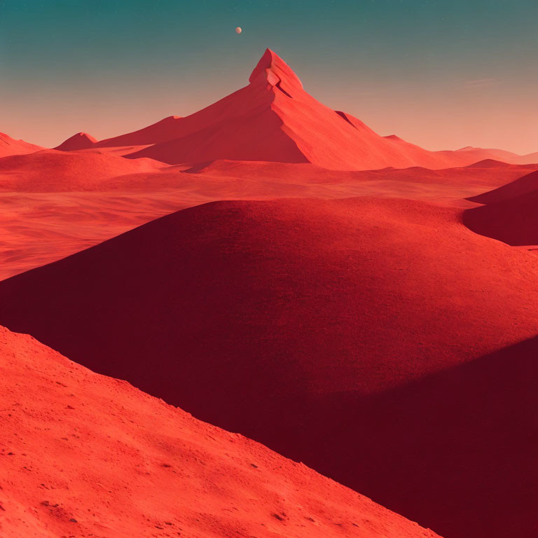 Surreal Red Martian Landscape with Dunes and Mountain