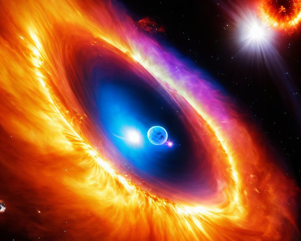 Colorful Space Scene with Black Hole and Binary Star System