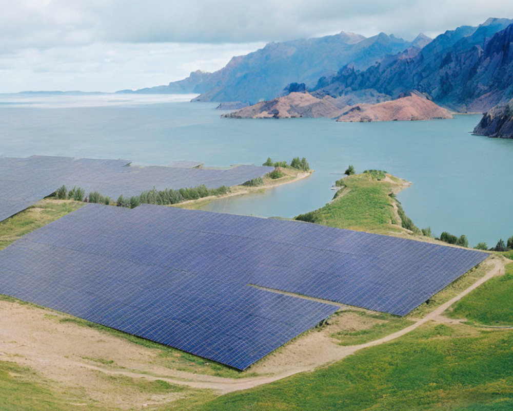 Mountainous Terrain Lake Solar Panels Cloudy Sky