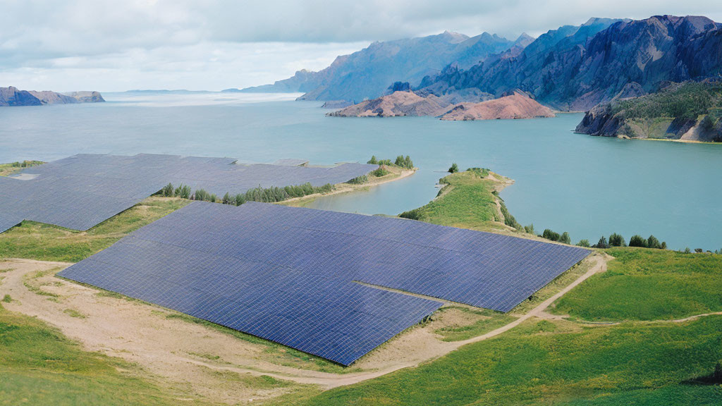 Mountainous Terrain Lake Solar Panels Cloudy Sky