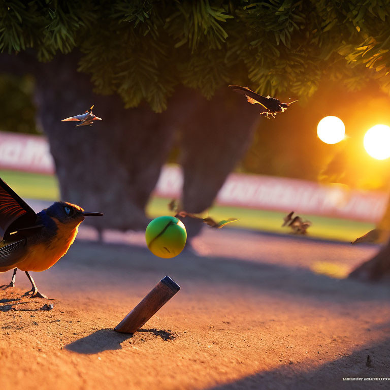 Vibrant orange bird on stump with green ball in golden sunset