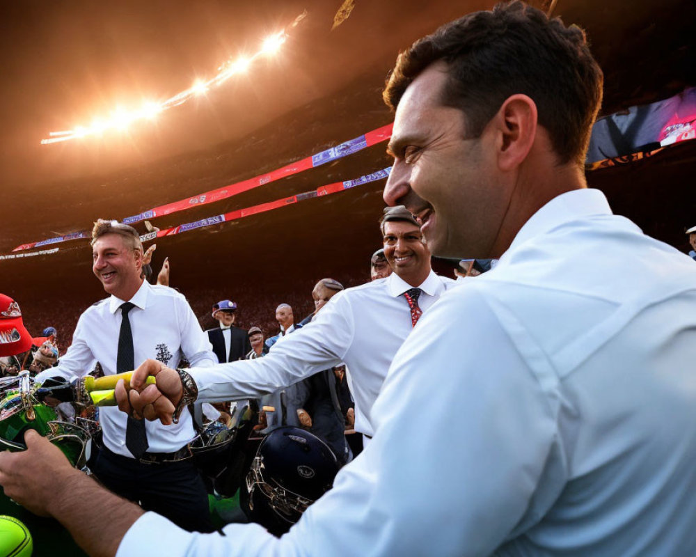 Men in formal attire at sports stadium sharing a light moment