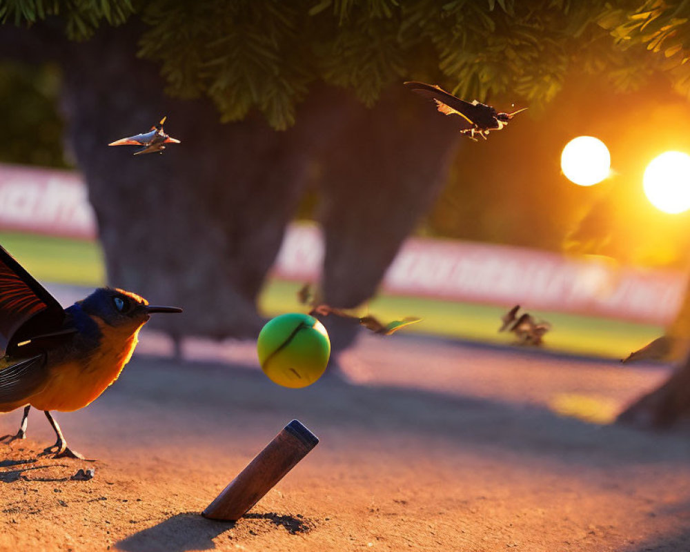 Vibrant orange bird on stump with green ball in golden sunset