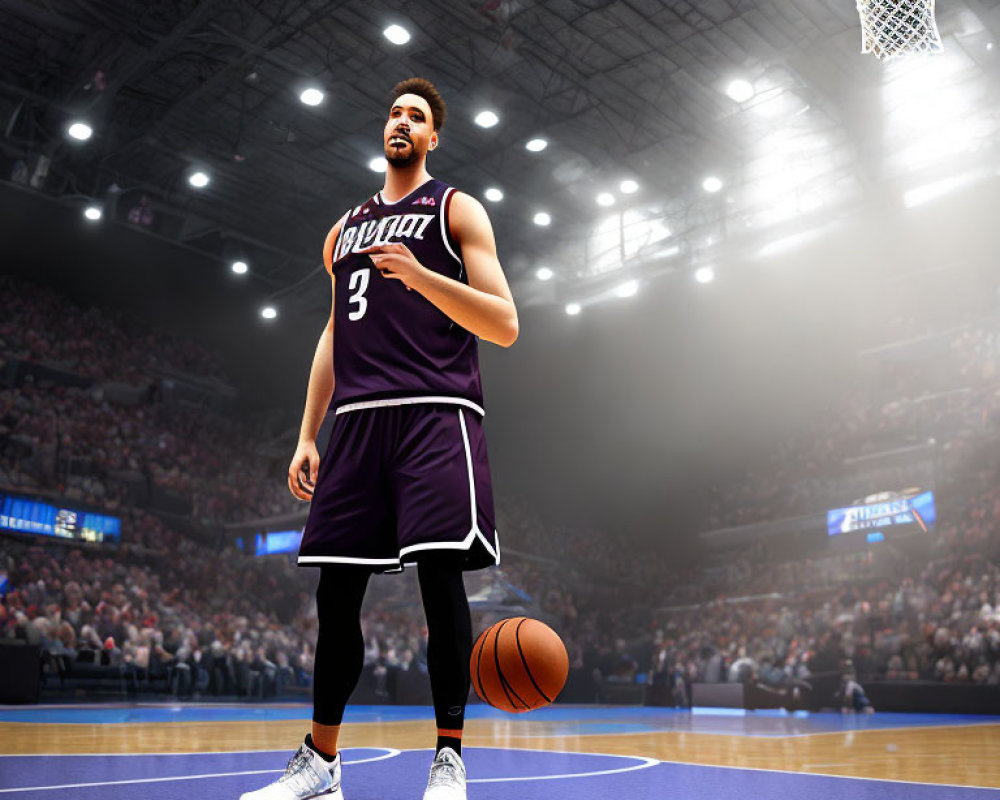 Basketball player dribbling in purple and black uniform with crowd in background