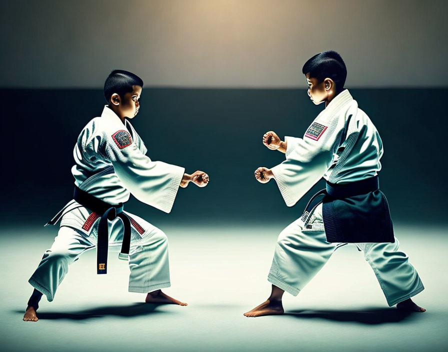 Children in white karate gis and black belts sparring on gradient background