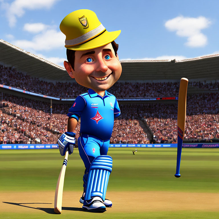 Blue cricket gear-clad animated character with bat in crowded stadium