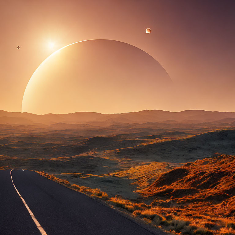 Curving road through rolling hills at sunset with large planet and celestial bodies