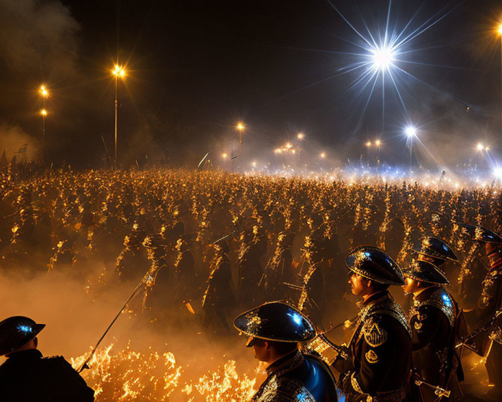 Night-time Gathering with Sparkling Flares Under Starburst Lights