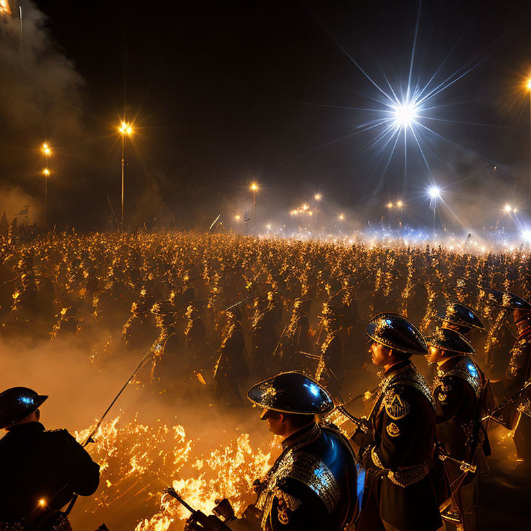 Night-time Gathering with Sparkling Flares Under Starburst Lights