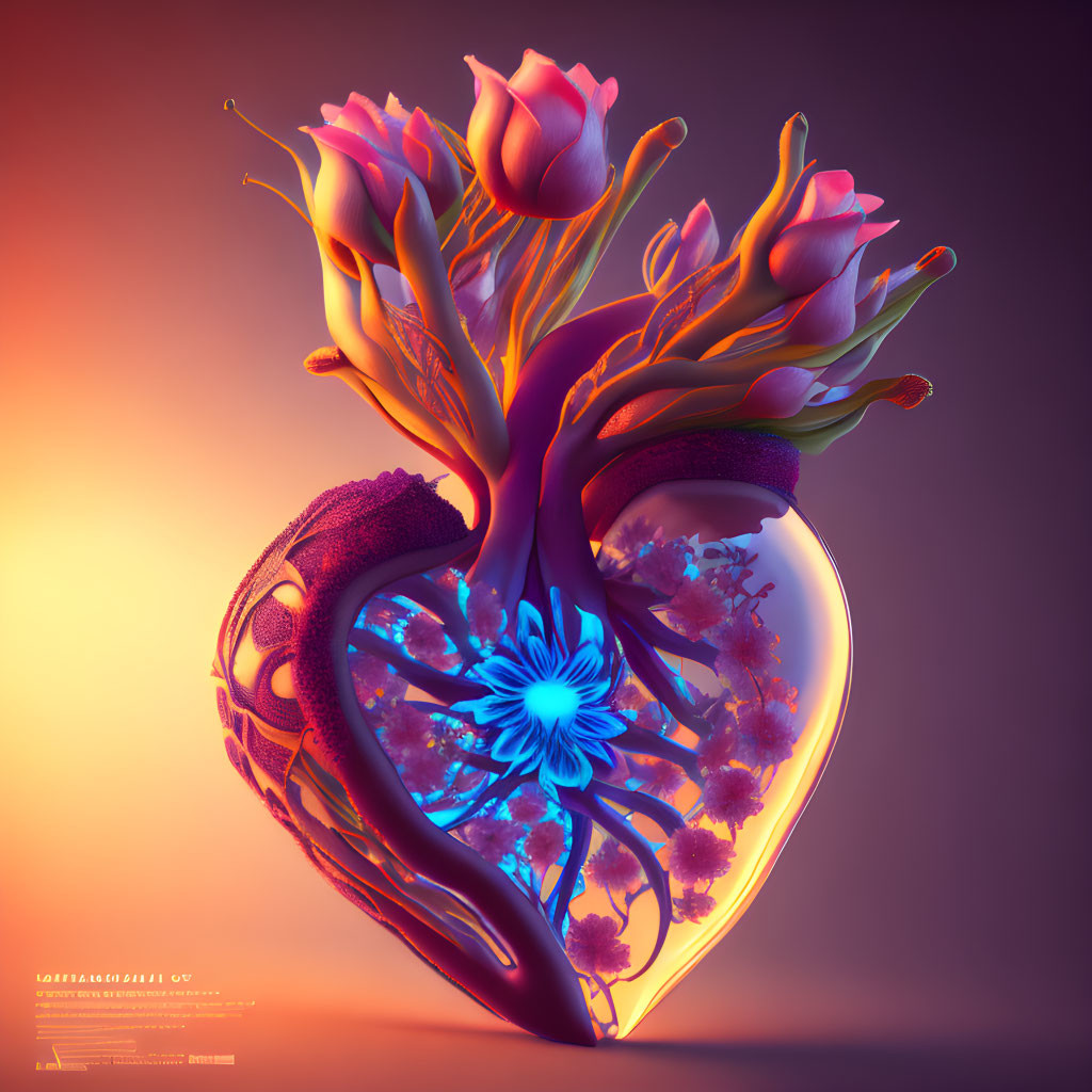 Surreal heart-shaped bouquet with glowing tendrils and intricate floral details