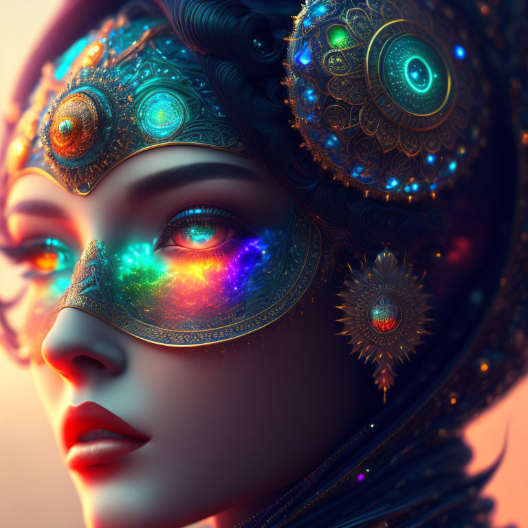 Colorful ornate mask on woman in digital artwork