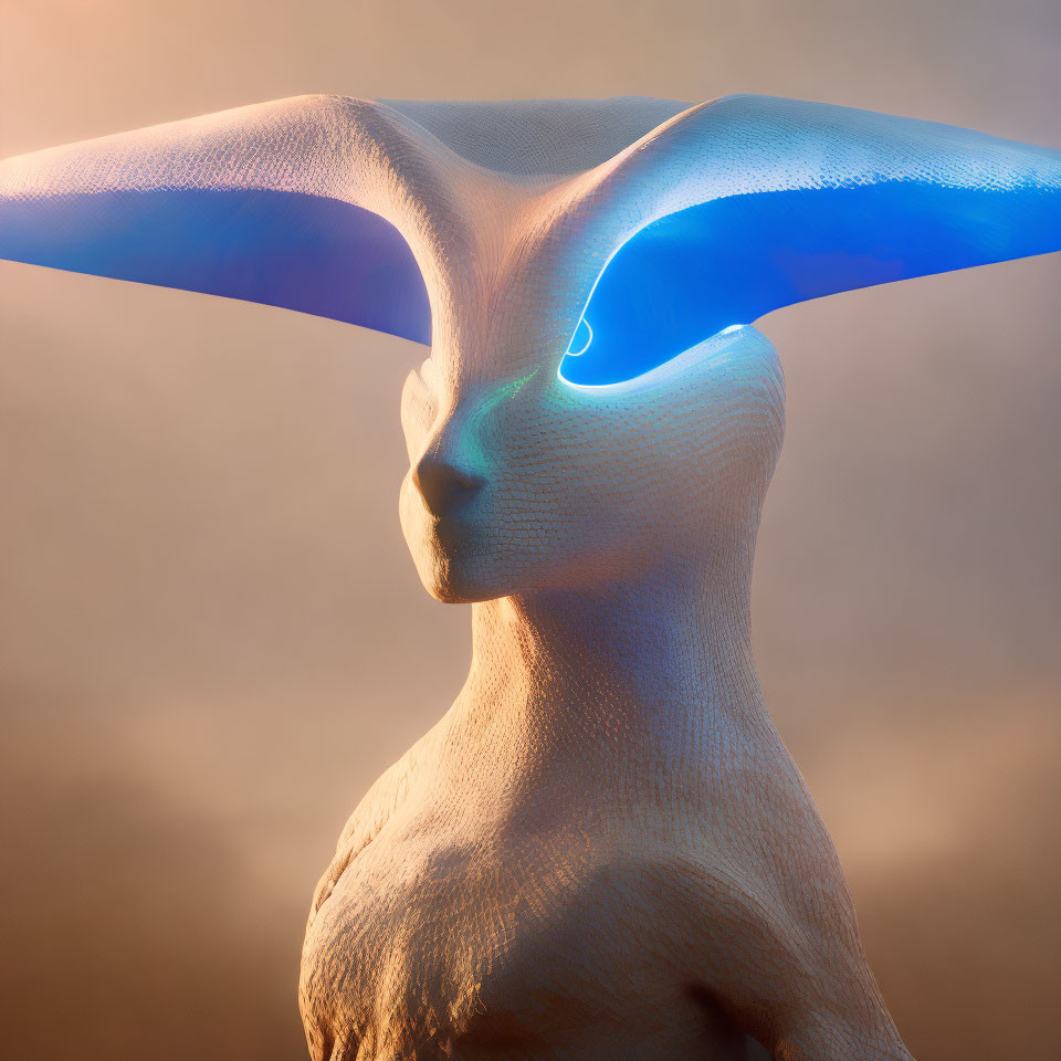 Blue illuminated crevice on humanoid figure against warm backdrop