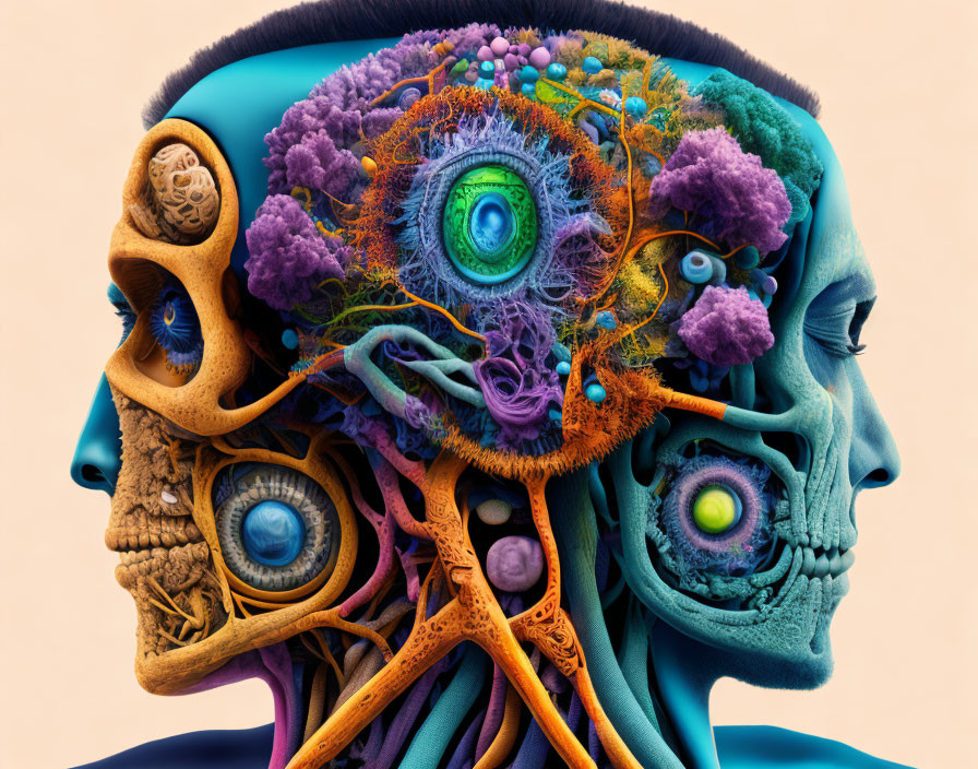 Vibrant digital profile of human head with biological and floral elements