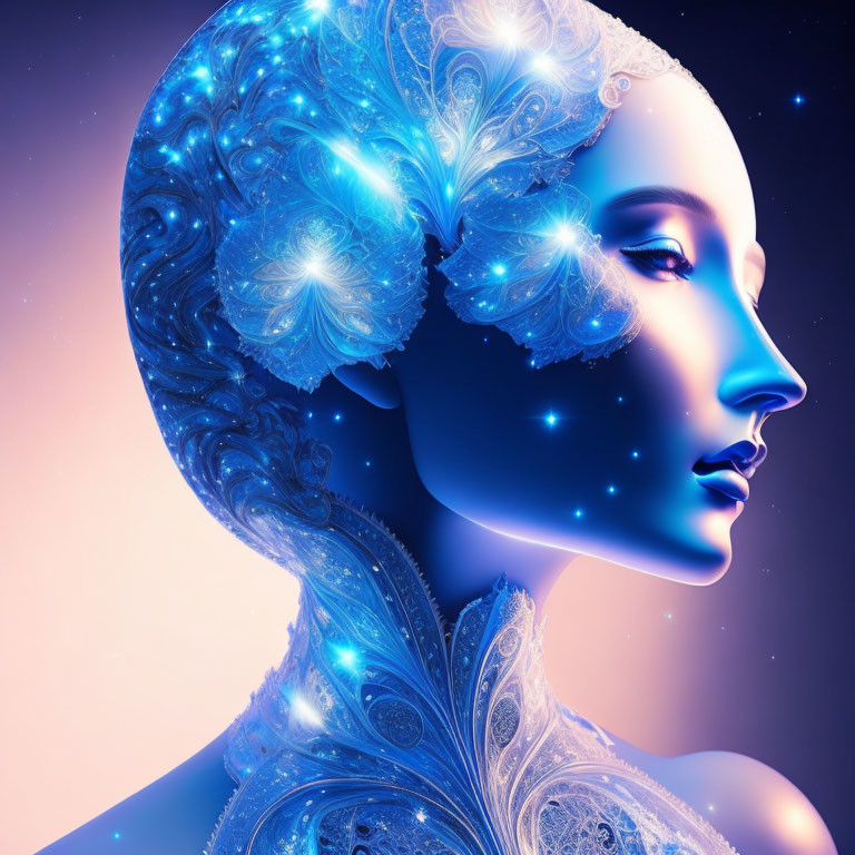 Female figure with blue glowing headdress and stars on peach and violet backdrop