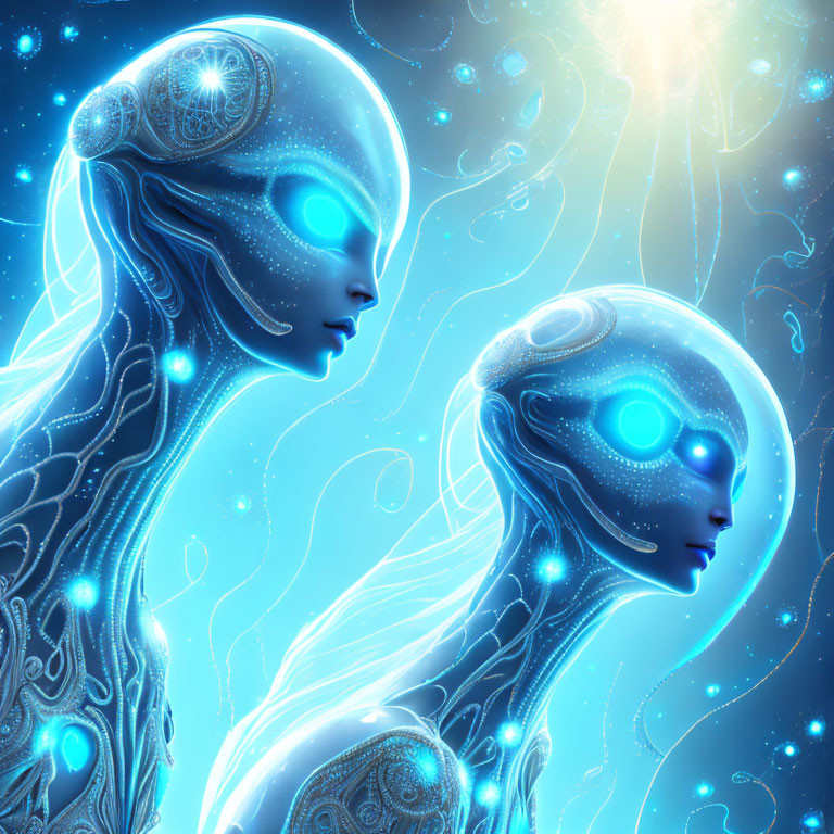 Blue humanoid figures with intricate skin patterns on starry background