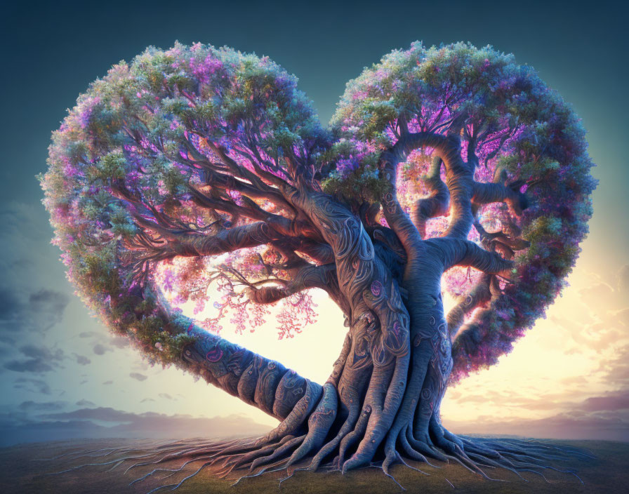 Intertwined Trees Form Heart Shape Against Colorful Sky