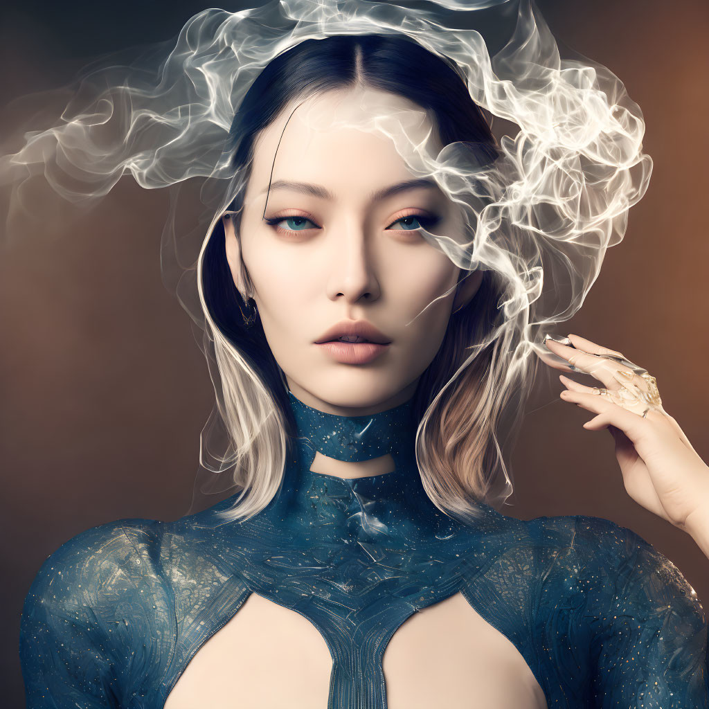 Digital Portrait of Woman with Smoke-Like Effects and Blue Outfit