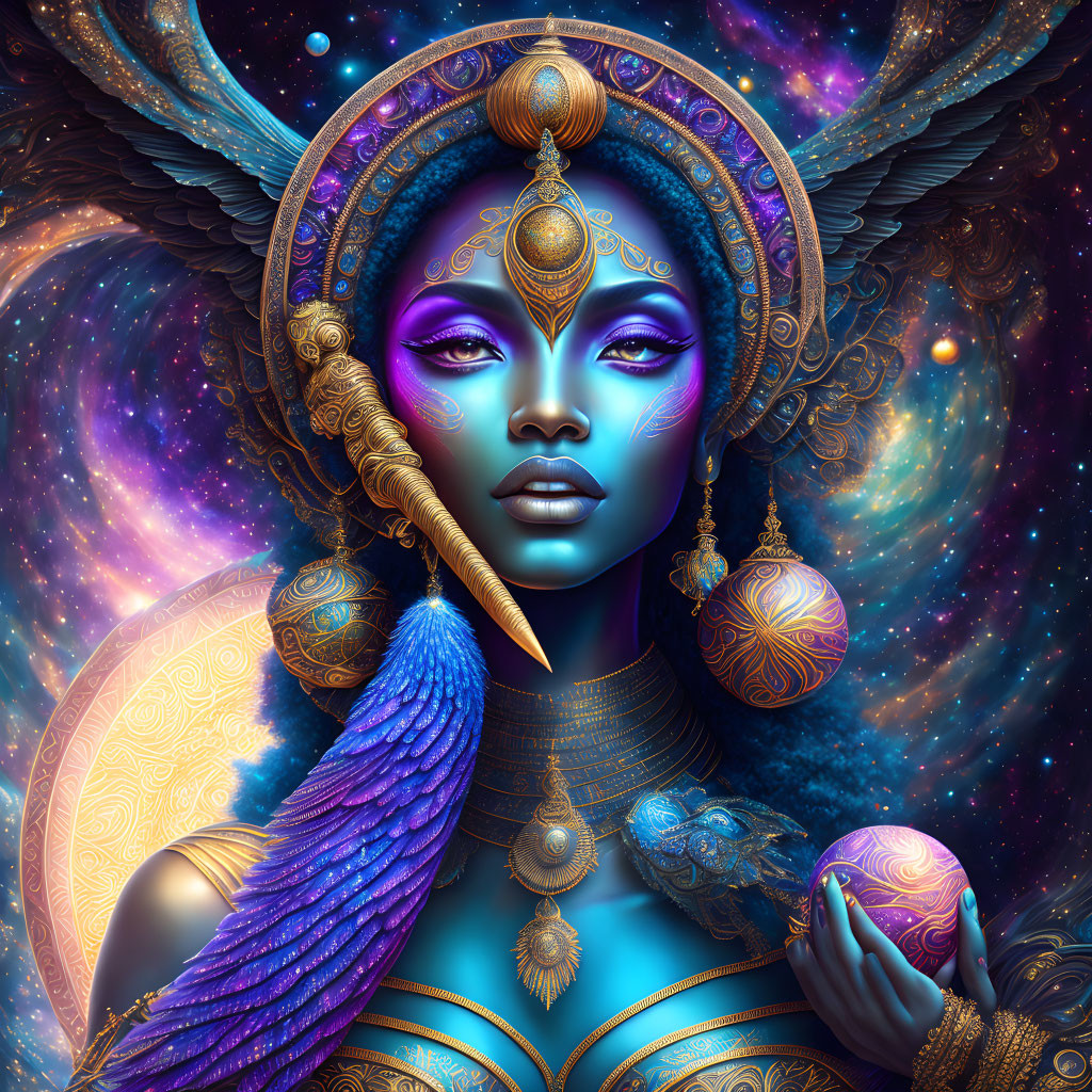 Vibrant digital art: Blue-skinned woman with golden headdress in cosmic setting